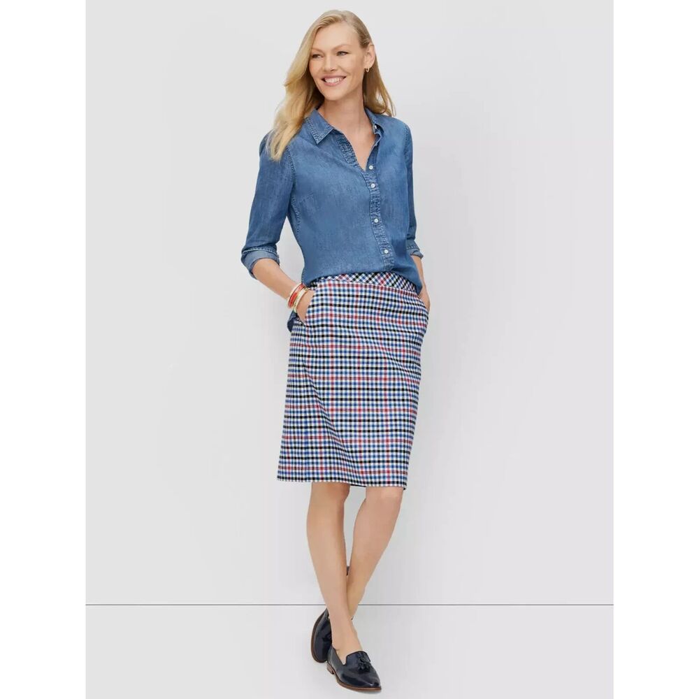 TALBOTS Gingham Check Pencil Lined Skirt Womens 12P Red/White/Blue Cotton NWT